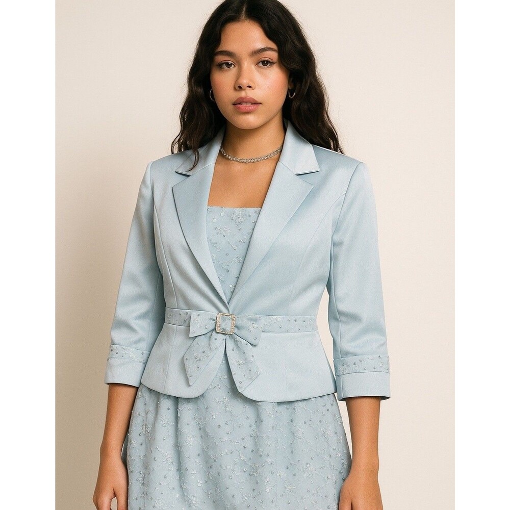 Vintage CW Designs Y2K Baby Blue 3 Pc Suit Jacket Blazer Top Skirt Sparkle Tulle